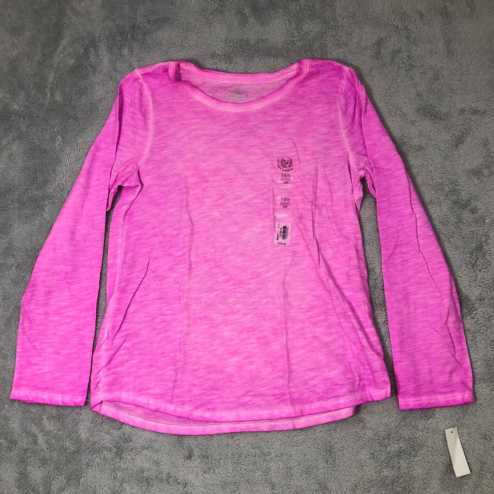 SO Cutest Tee Girls Size 14 1/2 Pink Long Sleeve Acid Wash Slub Crewneck Shirt